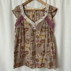 Lux Cute Boho Brown/Purple Floral Lace Cap Sleeve Shirt Top **Size L** 🌸🌸